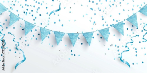 White background with a blue garland and confetti on the background