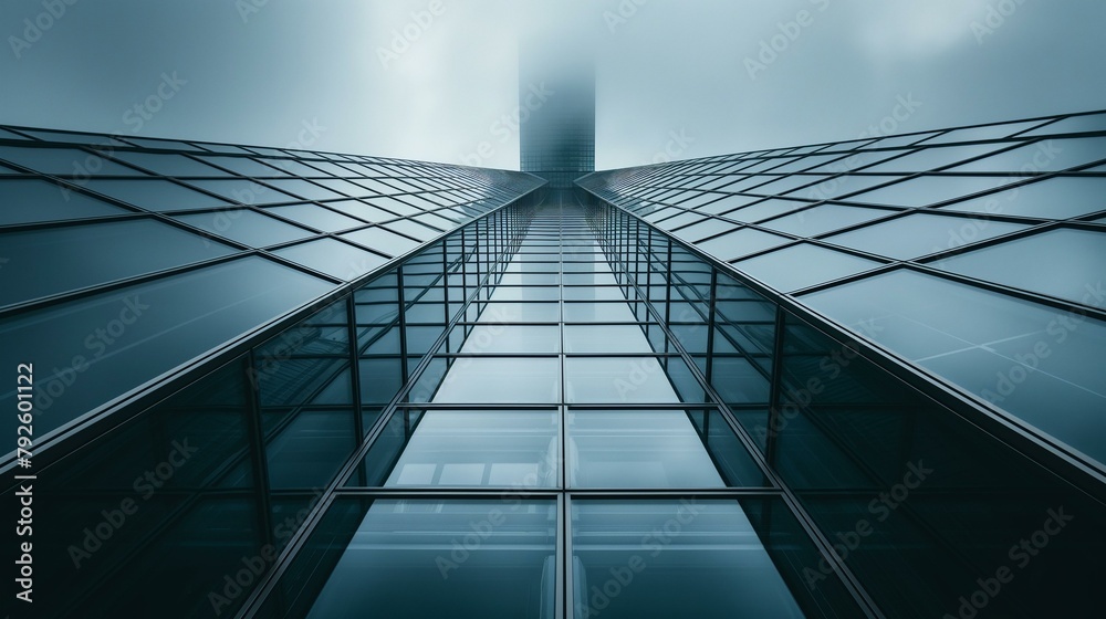 Dramatic Upward View of a Modern Glass Skyscraper Vanishing into the Fog