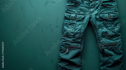 A rugged and durable workwear jeans mockup on a solid green background, featuring its reinforced knees and utility pockets, all photographed in high definition to highlight its practical an photo