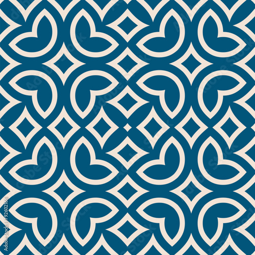 Vector floral seamless pattern in arabesque style. Blue and white texture with flowers, leaves, petals, curved shapes. Simple geometric background. Abstract oriental ornament. Elegant repeated design