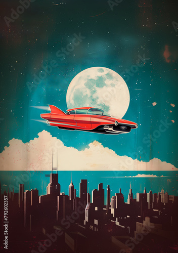 Vintage 1950s style poster for an American flying car