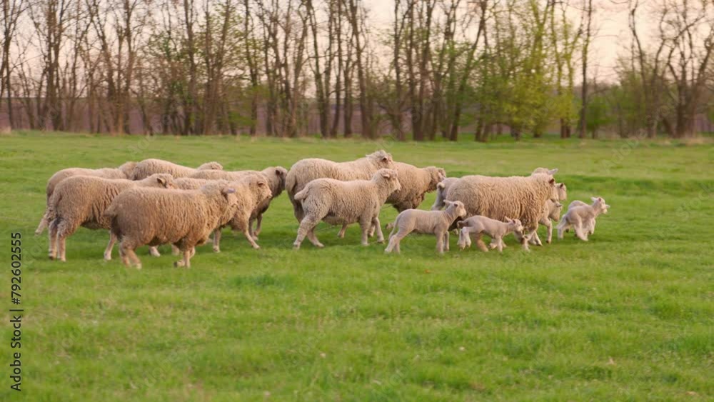 Sheep Graze in Meadow with Green Grass. Livestock on Farm in Countryside Sheep Graze in Meadow with Green Grass. Livestock on Farm in Countryside