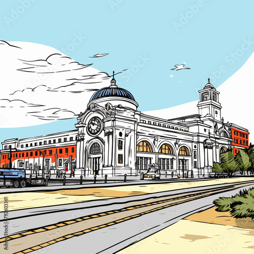 Union Station in Washington. Union Station hand-drawn comic illustration. Vector doodle style cartoon illustration