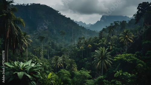 Lush Green Forests and Towering Trees in a Verdant Landscape, Dense Palm Trees and Tall Mountains Under a Cloud-Filled Sky, Towering Trees, Green Hills, and Scenic Views from a Tropical Park, Dense Wo photo