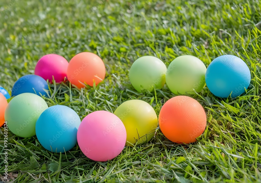Multi-colored balls are laid out on green grass. Soft daylight. Multi-colored balls are laid out on green grass. Soft daylight.