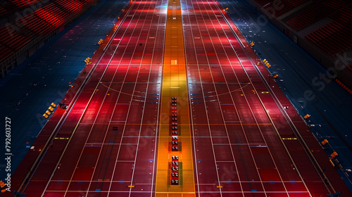On the unmanned track, red starting blocks create an orderly ambiance