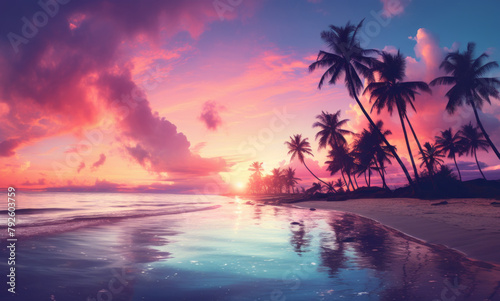 Twilight on the beach. Colorful pink sunset on tropical ocean beach with coconut palm trees silhouettes.