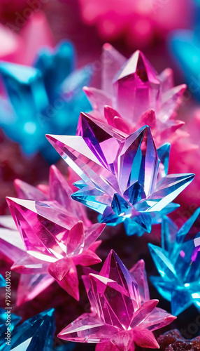 Cluster of transparent colorful crystals, close-up bright abstract background