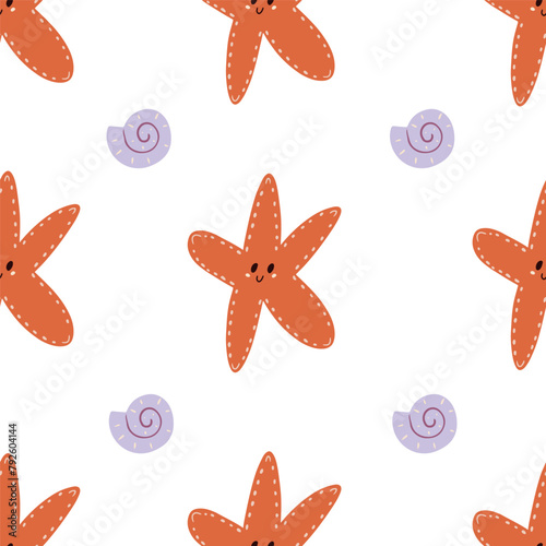 Cute cartoon sea star and shells seamless pattern