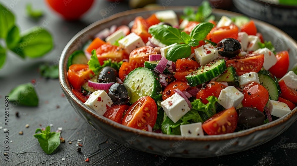 Greek salad with olives, feta, and cucumber. AI generate illustration