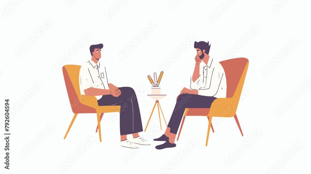 Sad man talking with psychologist on the chairs. vector