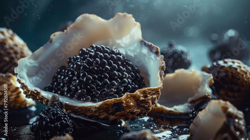 Black caviar in shell on dark background.