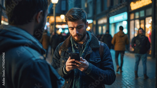 Closeup of man hands typing an sms message via smartphone outside, hipster man enjoying evening walk and using his cellphone, bokeh lights photo
