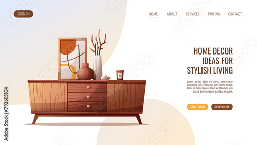 Web page design with wooden tv stand and decorative vases. Interior design, furniture, living room, home decor concept. Vector illustration for banner, website.