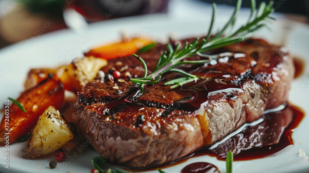 Grilled beef filetsteak on a white plate with potatoes, drizzled with tomato sauce