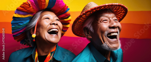 Heartwarming close-up captures an elder couple sharing joyous laughter, their bond evident in every smile.