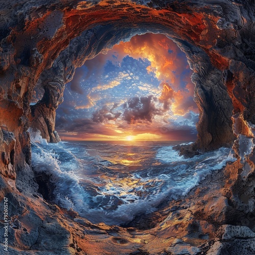 Dragon s lair, volcanic crags, sunset, fish eye lens, epic dragon lore illustration, encompassing view, fiery skies, daunting power photo