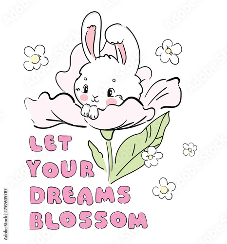 Hand Drawn Cute Bunny, print design rabbit, children print on t-shirt.
