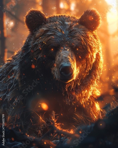 Elemental bear, forest s ward, sunrise, protector in earth s guise, close up strength, morning guard, nature s bulwark