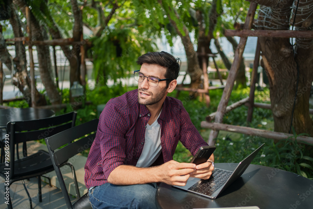 Fototapeta premium Portrait men with technology. Lifestyle men working