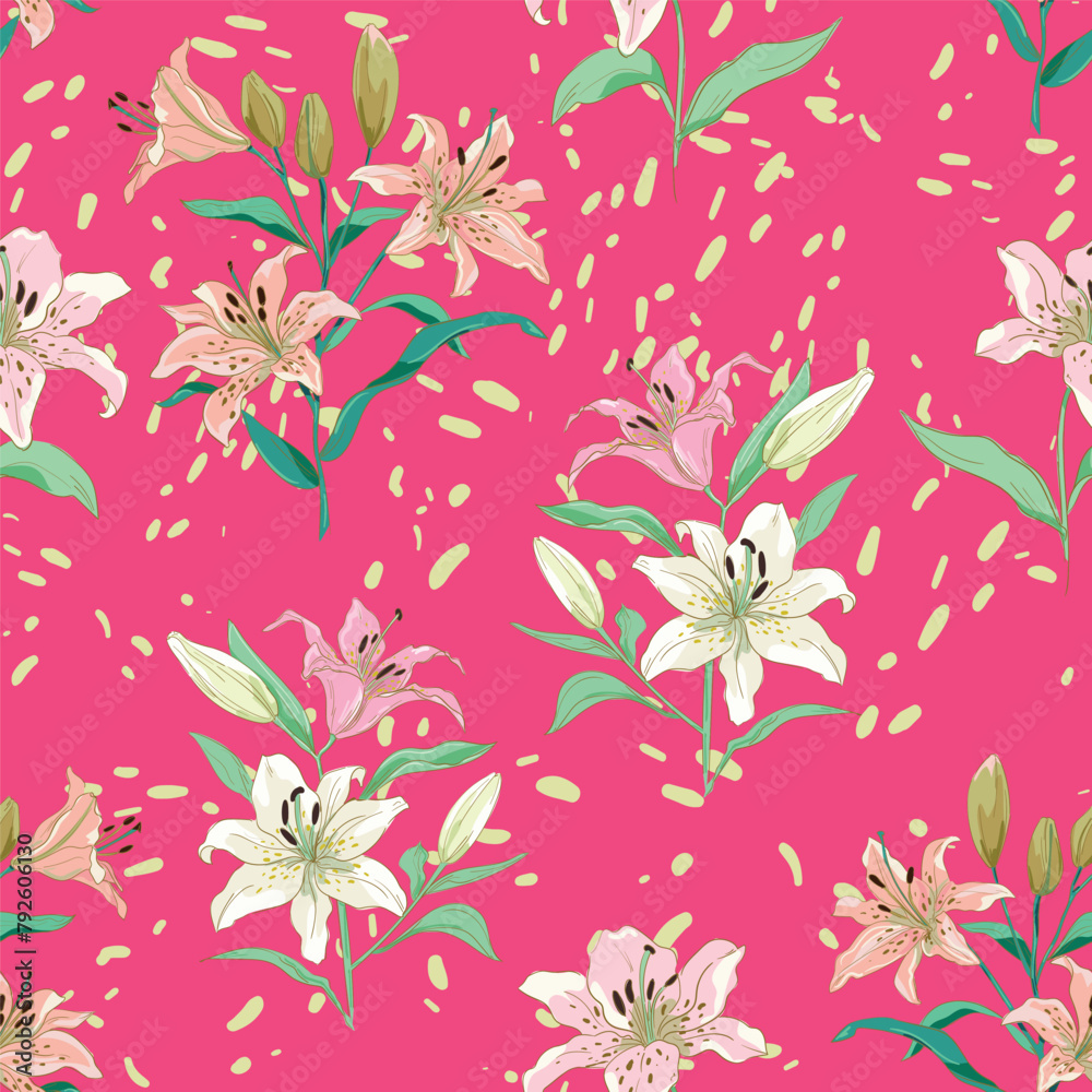 Obraz premium Hand Drawn Lily Flowers print for textile. The drawn flowers beautiful illustration for the fabric. Design ornament pattern seamless. Vector