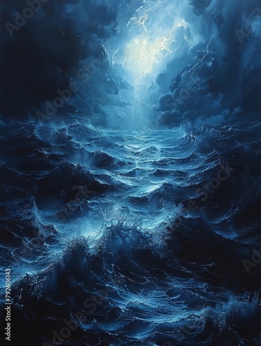 Leviathan awakening, deep sea, oceanic awakening painting, deep blue, eerie calm, emerging titan