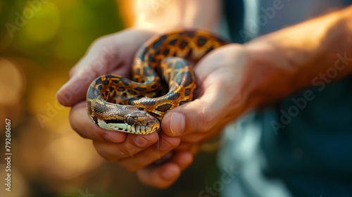 Close up snake in man hands photo
