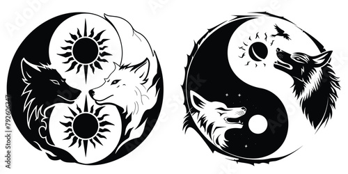 yin-yang symbol with an image of two wolves howling at each other inside. isolated in white background. vector illustration
