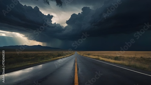 Sunset Sky and Open Asphalt Landscape for a Scenic Summer Journey, Expansive Sky and Motion on a Rural Asphalt Road at Sunset, Open Highway with a Car in Motion on a Field-Lined Landscape Under Clouds