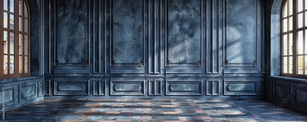 Gray wall in an empty room with gray parquet floor. Classical wall molding decoration in modern empty luxury home interior. Modern style decoration. Gray wall in an empty room with gray parquet floor. Classical wall molding decoration in modern empty luxury home interior. Modern style decoration.
