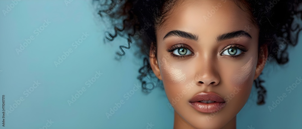 A Black Model Using a Makeup Brush to Apply Foundation in a Studio. Concept Beauty, Makeup, Studio Photoshoot, Black Model, Foundation Application