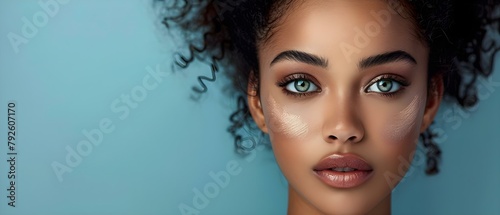 A Black Model Using a Makeup Brush to Apply Foundation in a Studio. Concept Beauty, Makeup, Studio Photoshoot, Black Model, Foundation Application