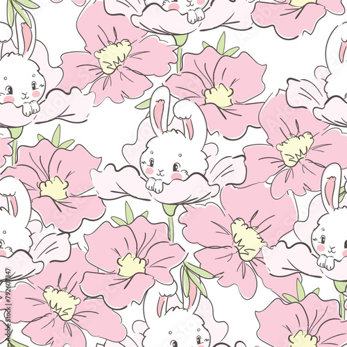 hand drawn Cute rabbits and flowers background vector seamless pattern