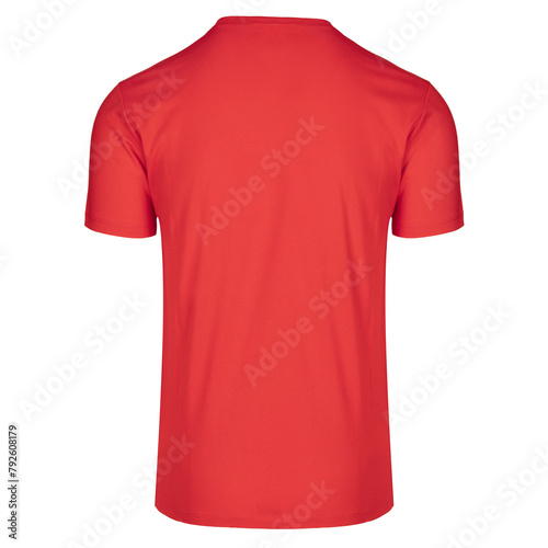 Solid red T-shirt with a round neckline. Rear view