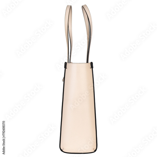 Elegant beige fabric bag with straps. Side shot