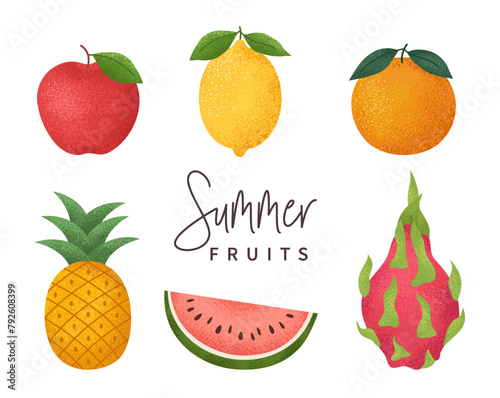 Collection of colorful ripe tropical fruits. Citrus orange and lemon, pineapple, watermelon, pitahaya. Summer graphic design elements. Vector flat cartoon illustration.