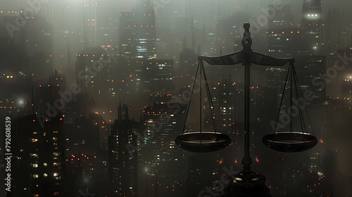 Scales of Justice Overlooking Cityscape at Night