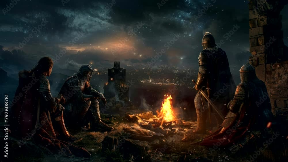 Firelit Solitude: A Knight's Rest by the Campfire. Seamless looping time-lapse virtual 4k video animation background Firelit Solitude: A Knight's Rest by the Campfire. Seamless looping time-lapse virtual 4k video animation background