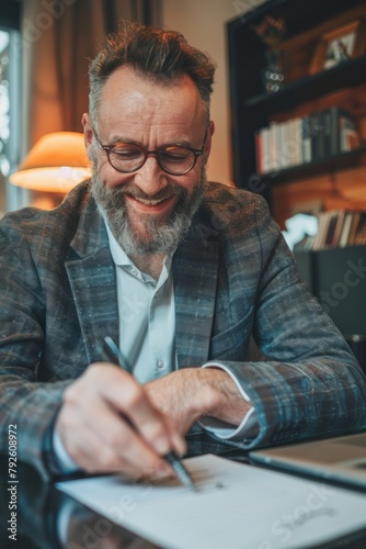 Client signing a contract agreement with a satisfied smile, symbolizing trust and commitment, Generative AI