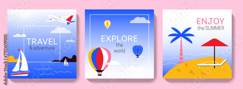 Summer travel square banner templates. Summertime holiday vacation backgrounds for social media post, web internet ads, tourism business branding. Vector design