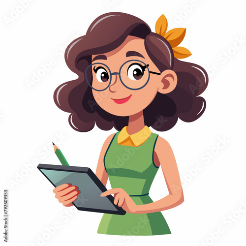 Cute young girl with glasses holding a graphics tablet and stylus.