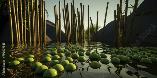 A composition of basalt stones, water lilies, and bamboo, inviting contemplation and serenity.