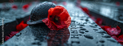 Macro shot of a poppy placed thoughtfully in a soldier's helmet on a tomb, with the names of the fallen soldiers engraved behind, high-resolution photo