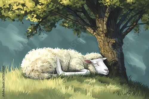 cartoon illustration, a sheep sleeping under a tree