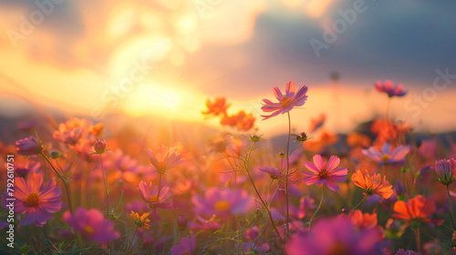 Flower field at sunset.