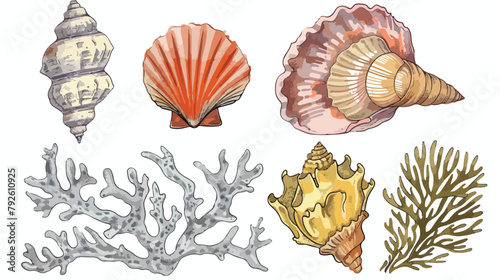 Set of Four gorgeous hand drawn seashells corals and