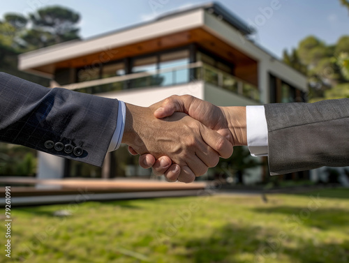 concetto immobiliare, Due professionisti si stringono la mano di fronte a una grande casa residenziale i, ccompletamento di affare photo