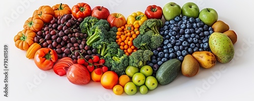 Heartfelt nutrition. Assortment of fresh organic fruits and vegetables arranged in shape of heart promoting healthy lifestyle and nutrient rich diet for wellness