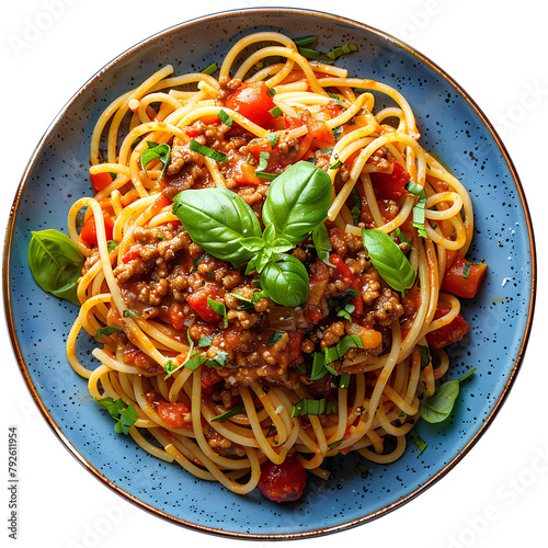 Spaghetti bolognese PNG. Spaghetti bolognese on plate top view PNG. Italian cuisine with minced meat and tomatoes