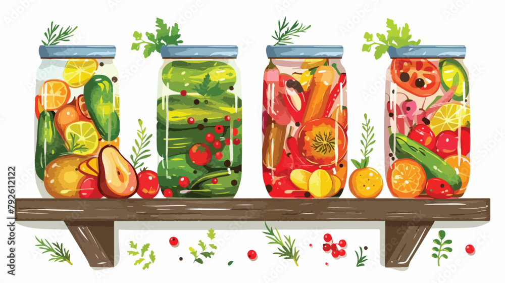 Set of Four pickled jars with vegetables fruits herbs